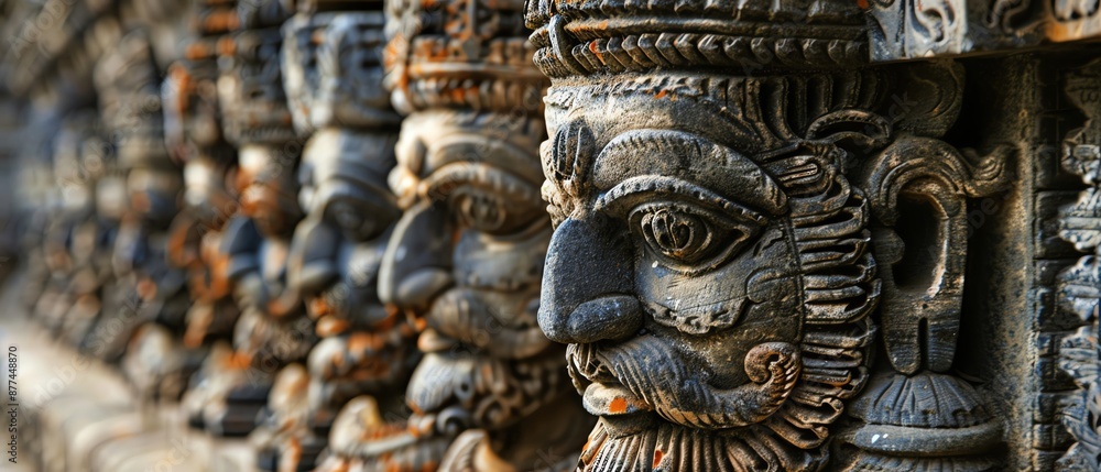 Fototapeta premium Close-up of intricately carved stone faces, showcasing traditional Indian temple architecture.