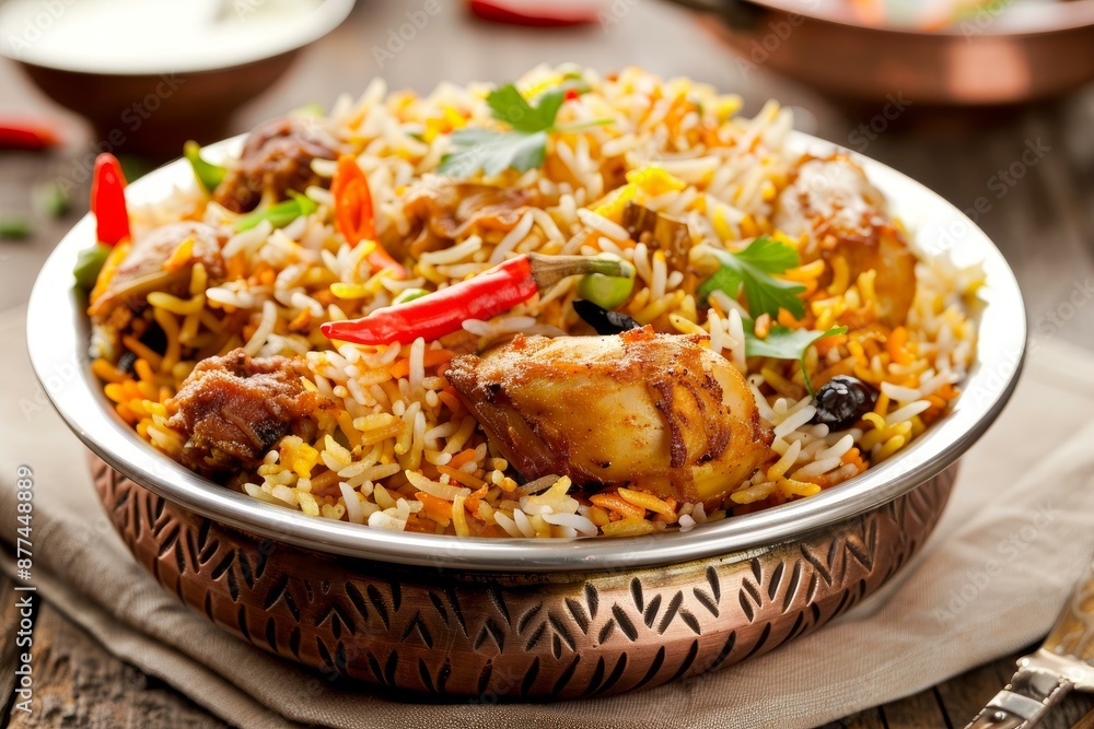 Delicious chicken biryani being served in a copper serving dish with red chili peppers and cilantro