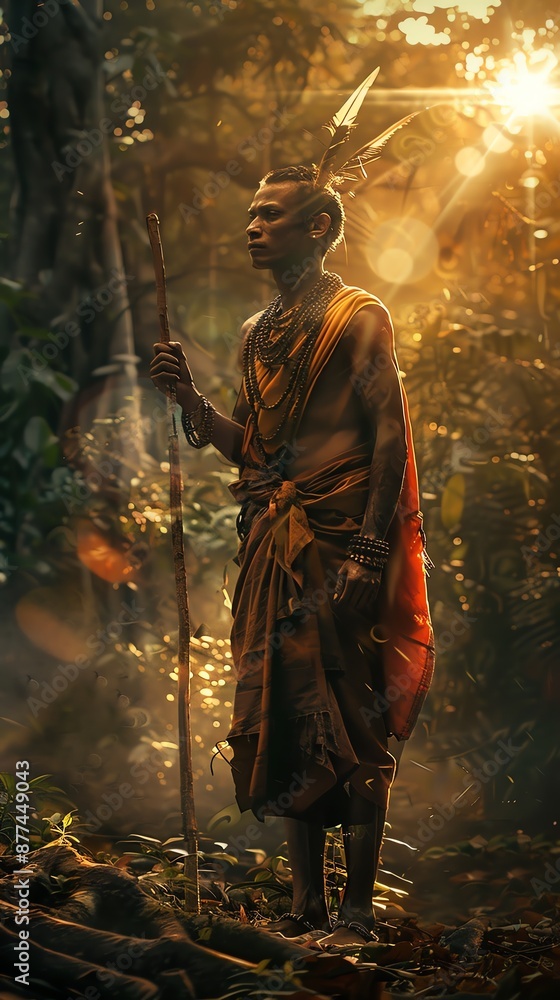 Fototapeta premium A tribal warrior stands in a jungle with a spear, bathed in golden sunlight.
