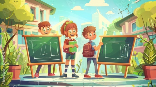 Playful and educational banner design with green chalkboards and cute cartoon characters,