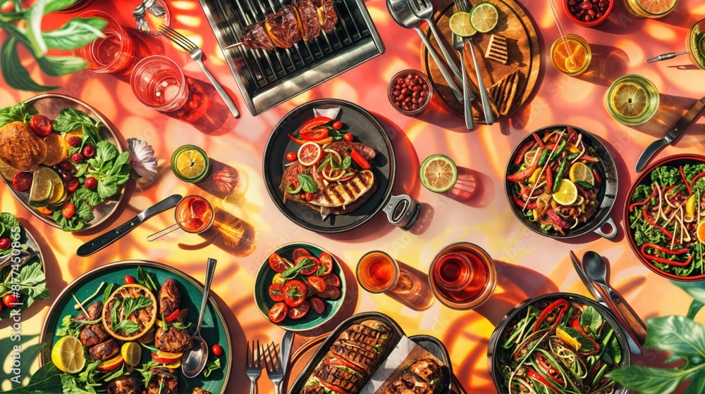 Overhead View of a Summer BBQ Table Setting Overhead View of a Summer BBQ Table Setting