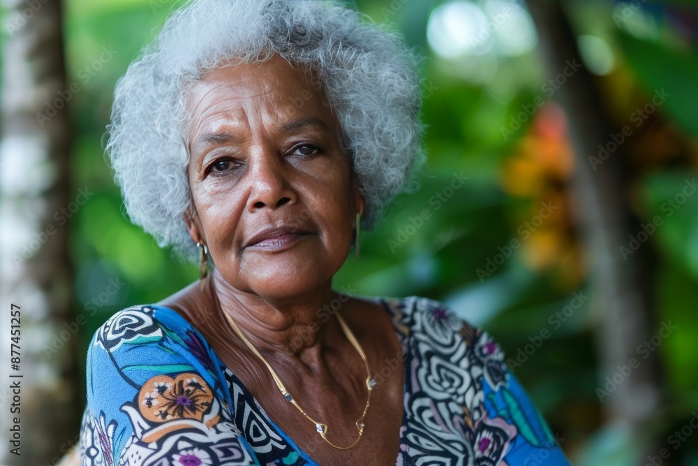Senior black woman with grey hair sitting outside wearing a colorful shirt is looking at camera Senior black woman with grey hair sitting outside wearing a colorful shirt is looking at camera