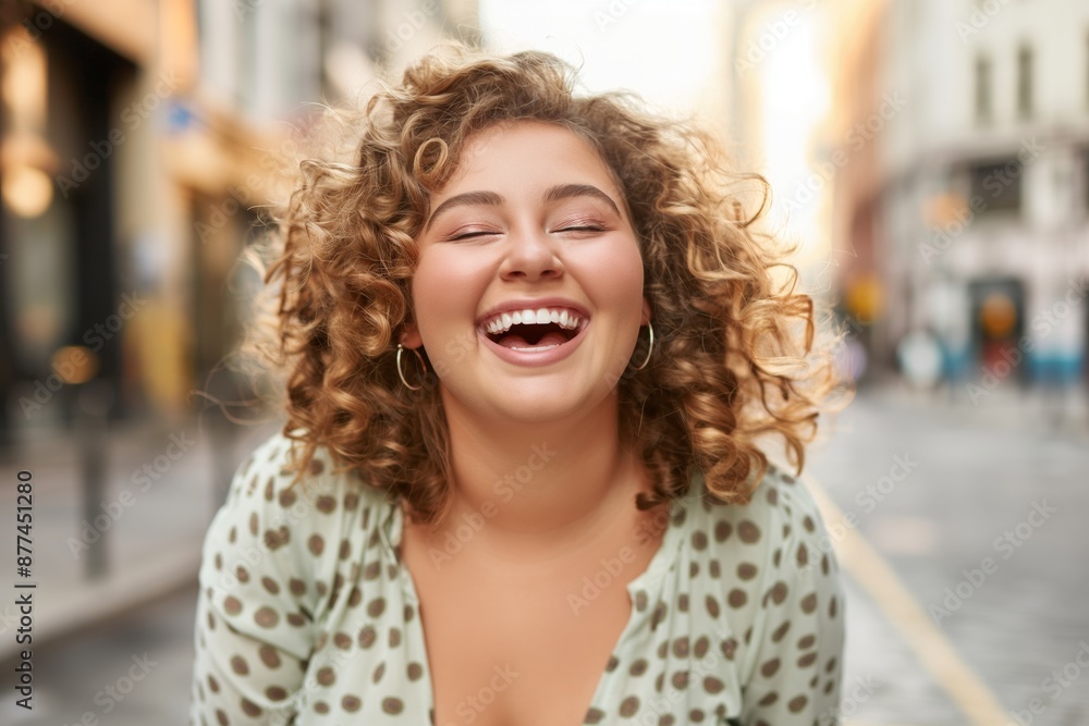 Fototapeta premium A woman with curly hair laughs joyously while standing outdoors in a bustling city street, capturing a moment of genuine happiness and carefree spirit in natural light.