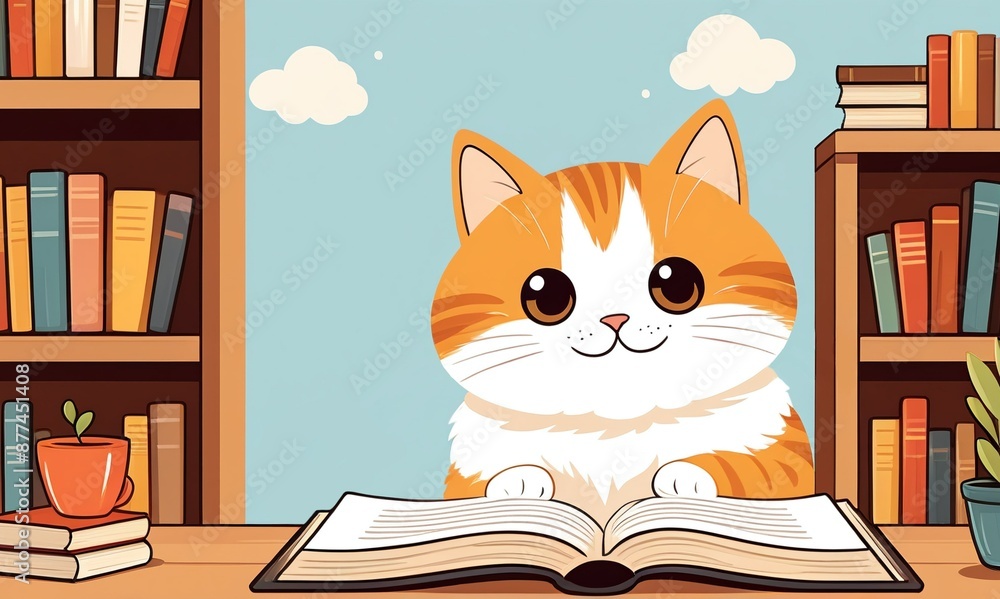 Funny ginger cat reading a textbook at the table with textbooks on pastel blue background. Smiling kitten study with book. Animal cartoon character. Back to school or uni concept. With copy space. Funny ginger cat reading a textbook at the table with textbooks on pastel blue background. Smiling kitten study with book. Animal cartoon character. Back to school or uni concept. With copy space.