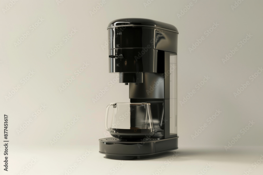 Sleek, modern black coffee maker with a transparent carafe, standing against a plain light background, ready to brew the perfect cup. Sleek, modern black coffee maker with a transparent carafe, standing against a plain light background, ready to brew the perfect cup.