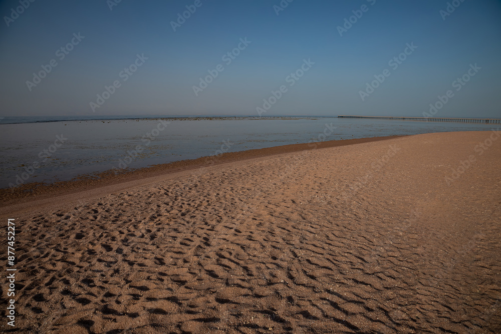 Obraz premium Sandy beach on the seashore. Desert at sunset. Yellow sand. Beautiful sky.