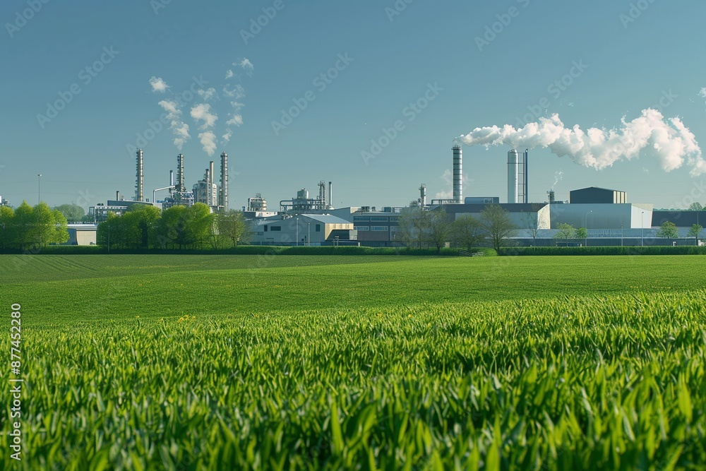 Green field in front of an industrial factory complex with large smokestacks emitting white smoke into the clear blue sky Green field in front of an industrial factory complex with large smokestacks emitting white smoke into the clear blue sky