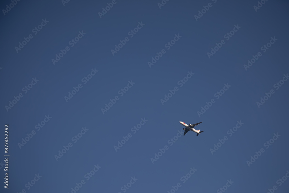 Fototapeta premium A beautiful plane flies in the sky. White plane. Blue sky.