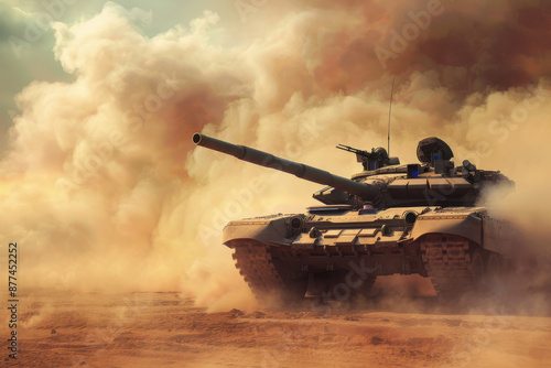 A tank emerges powerfully from swirling desert dust under a dramatic sky, symbolizing strength, conflict, and survival in a harsh environment.