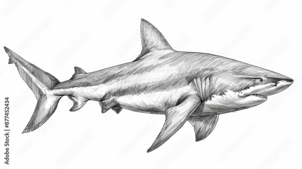 Fototapeta premium Detailed black and white sketch of a shark, showing intricate lines and shading, capturing the realistic features of this powerful marine predator.