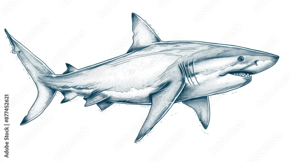 Fototapeta premium Detailed hand-drawn illustration of a great white shark in profile. Realistic sketch showcasing the powerful features of this marine predator.
