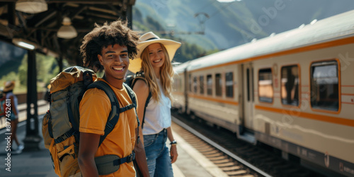 multi-ethnic young couple backpacking at a train station