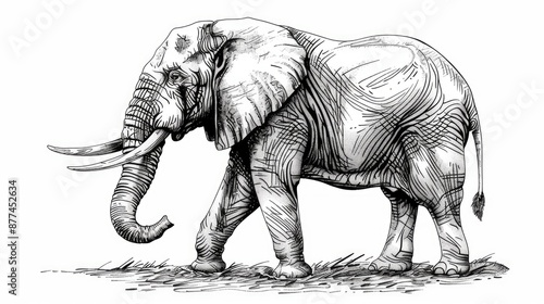 Detailed black and white sketch of an elephant walking. Intricate line art depicting the majestic animal in natural pose.