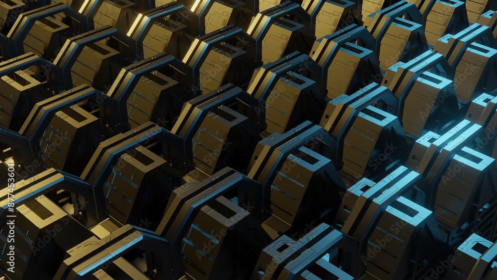 Fototapeta premium Gold and blue futuristic mechanical texture for technology background