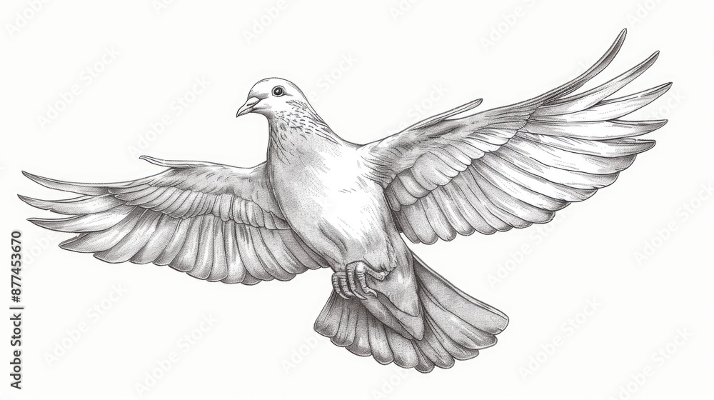 Obraz premium Detailed pencil sketch of a dove in flight, showcasing the elegance and grace of its spread wings on a plain background.