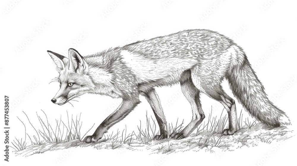 Fototapeta premium Detailed pencil sketch of a fox walking gracefully on grass, showcasing its natural elegance and beauty in black and white.
