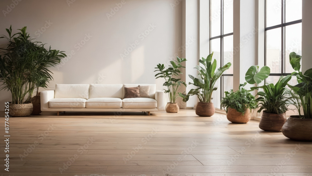 Modern minimalist living room with white sofa and greenery Modern minimalist living room with white sofa and greenery