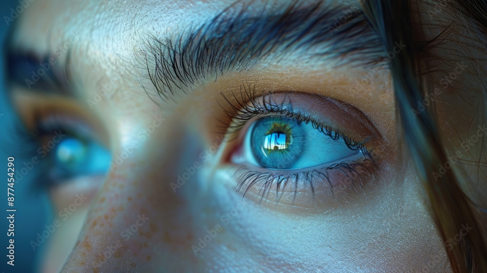 A close-up shot of a persons blue eye, looking to the right. The reflection of light is visible in the pupil.