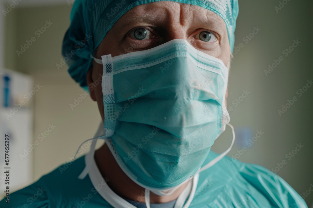 Close-up of a healthcare worker in a surgical mask and cap, displaying emotions through eyes, suggesting a moment of intense focus and compassion. Close-up of a healthcare worker in a surgical mask and cap, displaying emotions through eyes, suggesting a moment of intense focus and compassion.