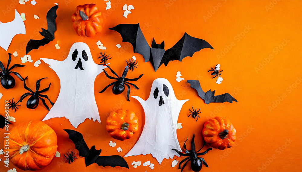 Happy halloween holiday concept. Halloween decorations, bats, ghosts on orange background Happy halloween holiday concept. Halloween decorations, bats, ghosts on orange background