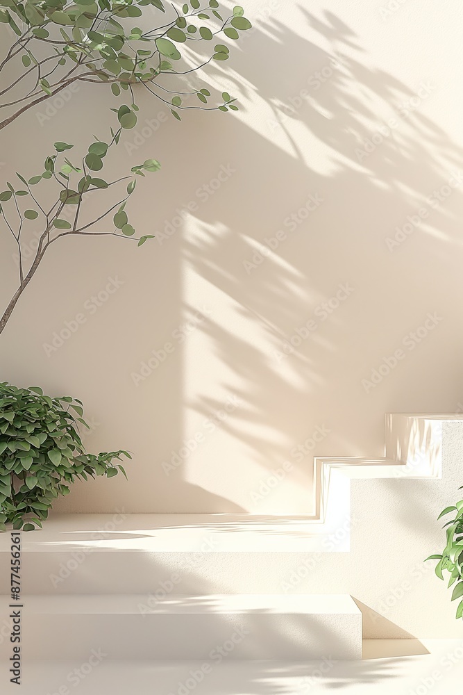 Sunlit minimalist steps with shadows of green plants on a beige wall, creating a peaceful and inviting space. Sunlit minimalist steps with shadows of green plants on a beige wall, creating a peaceful and inviting space.