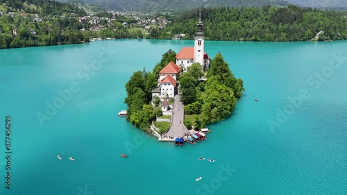 Drone shot of beautiful Lake Bled in Slovenia photo