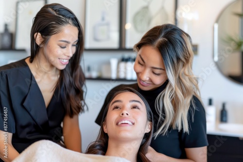 beauty professionals performing cosmetology procedure in modern salon with smiling woman client
