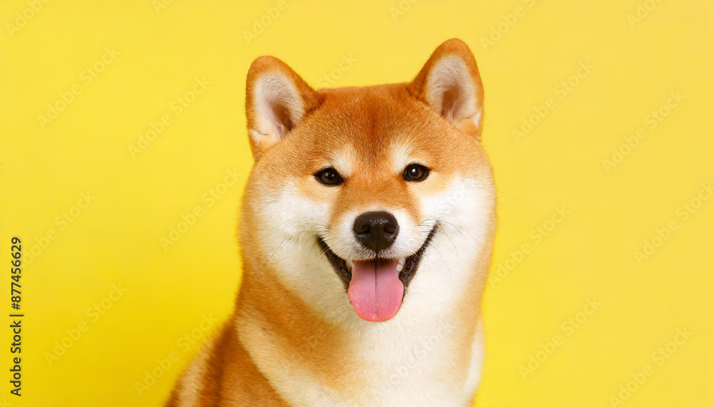 Happy smiling shiba inu dog isolated on yellow orange background with copy space. Red-haired Japanese dog smile portrait Happy smiling shiba inu dog isolated on yellow orange background with copy space. Red-haired Japanese dog smile portrait
