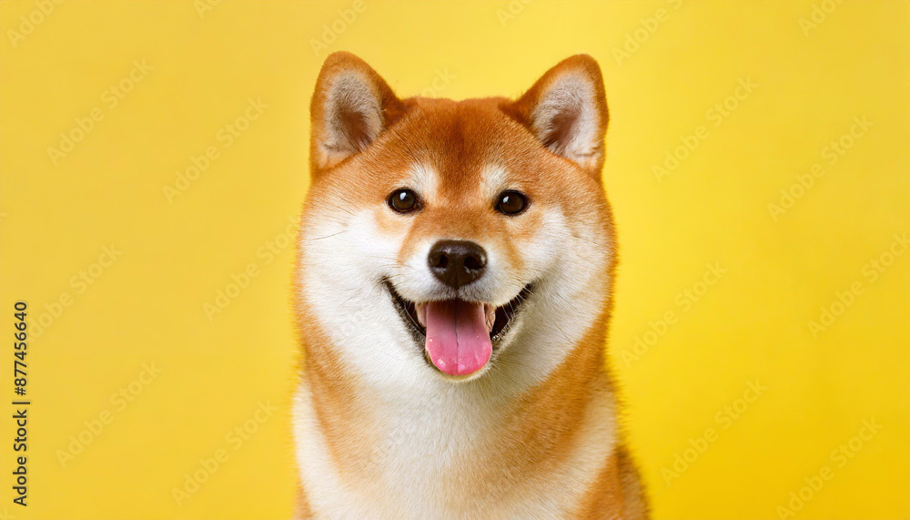 Happy smiling shiba inu dog isolated on yellow orange background with copy space. Red-haired Japanese dog smile portrait Happy smiling shiba inu dog isolated on yellow orange background with copy space. Red-haired Japanese dog smile portrait