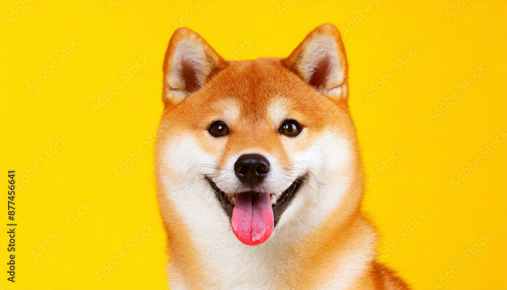 Happy smiling shiba inu dog isolated on yellow orange background with copy space. Red-haired Japanese dog smile portrait Happy smiling shiba inu dog isolated on yellow orange background with copy space. Red-haired Japanese dog smile portrait