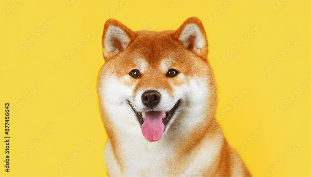 Happy smiling shiba inu dog isolated on yellow orange background with copy space. Red-haired Japanese dog smile portrait Happy smiling shiba inu dog isolated on yellow orange background with copy space. Red-haired Japanese dog smile portrait