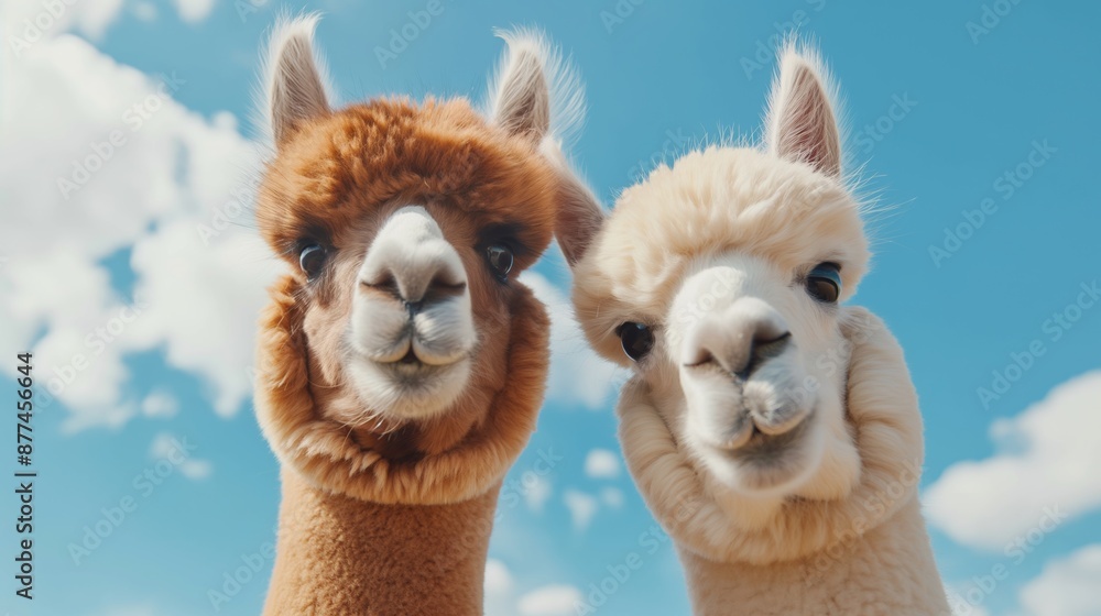 Fototapeta premium Two llamas are standing next to each other with their heads turned towards the camera. The blue sky in the background adds a sense of calmness and serenity to the scene