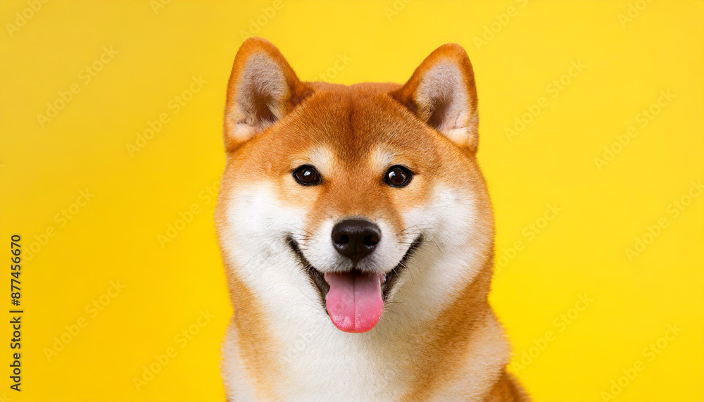 Happy smiling shiba inu dog isolated on yellow orange background with copy space. Red-haired Japanese dog smile portrait Happy smiling shiba inu dog isolated on yellow orange background with copy space. Red-haired Japanese dog smile portrait