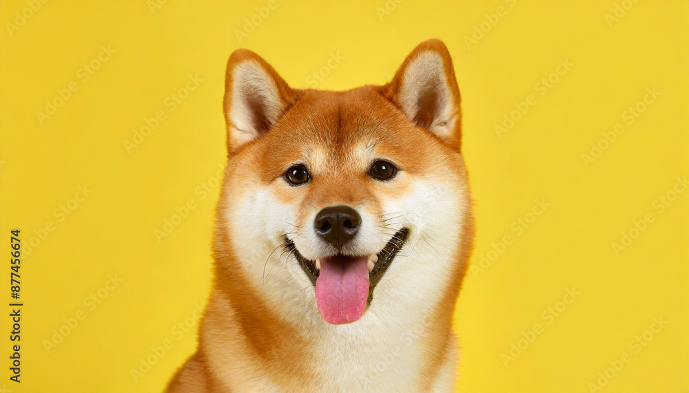 Happy smiling shiba inu dog isolated on yellow orange background with copy space. Red-haired Japanese dog smile portrait Happy smiling shiba inu dog isolated on yellow orange background with copy space. Red-haired Japanese dog smile portrait