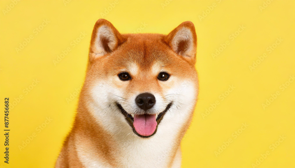 Happy smiling shiba inu dog isolated on yellow orange background with copy space. Red-haired Japanese dog smile portrait Happy smiling shiba inu dog isolated on yellow orange background with copy space. Red-haired Japanese dog smile portrait
