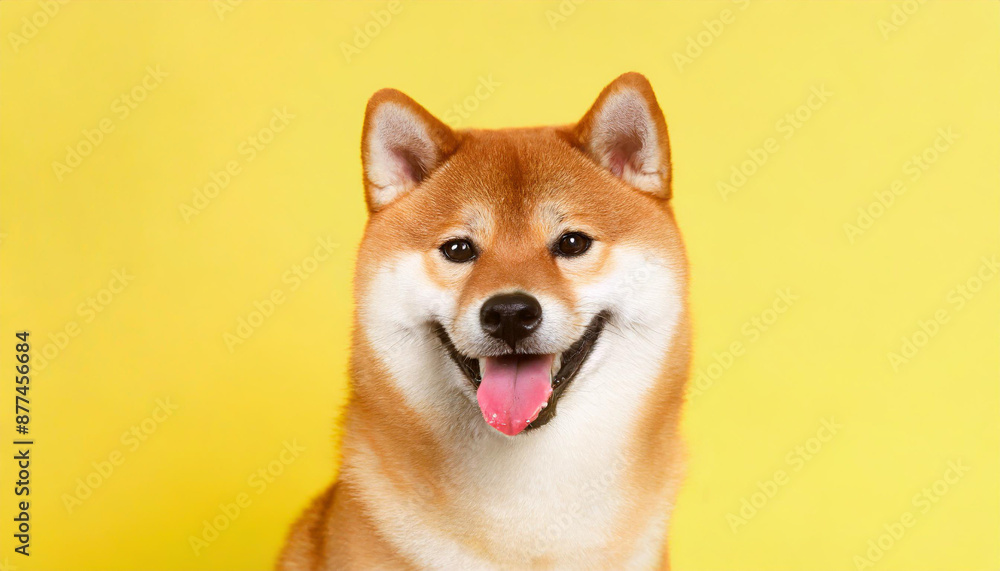 Happy smiling shiba inu dog isolated on yellow orange background with copy space. Red-haired Japanese dog smile portrait Happy smiling shiba inu dog isolated on yellow orange background with copy space. Red-haired Japanese dog smile portrait