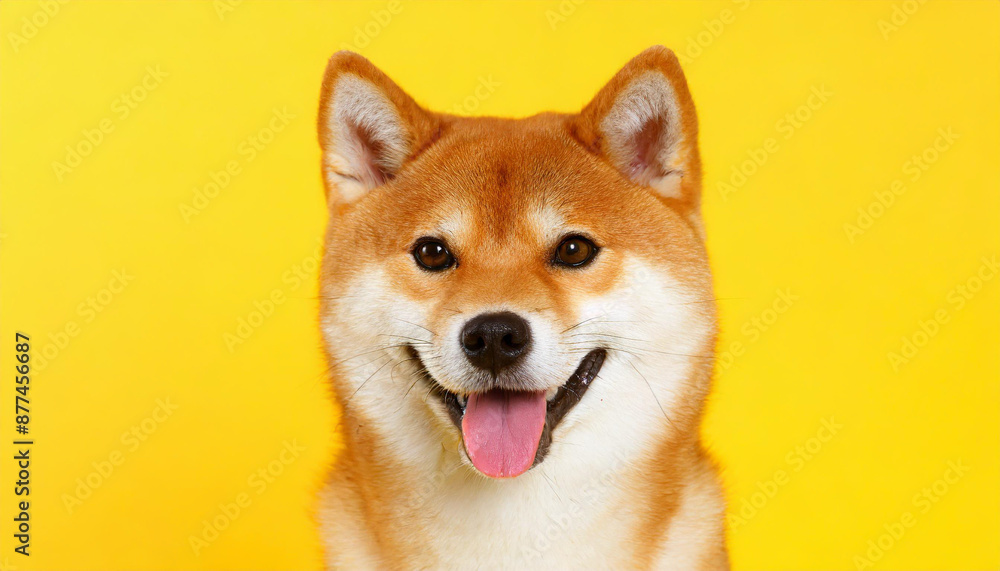 Happy smiling shiba inu dog isolated on yellow orange background with copy space. Red-haired Japanese dog smile portrait Happy smiling shiba inu dog isolated on yellow orange background with copy space. Red-haired Japanese dog smile portrait