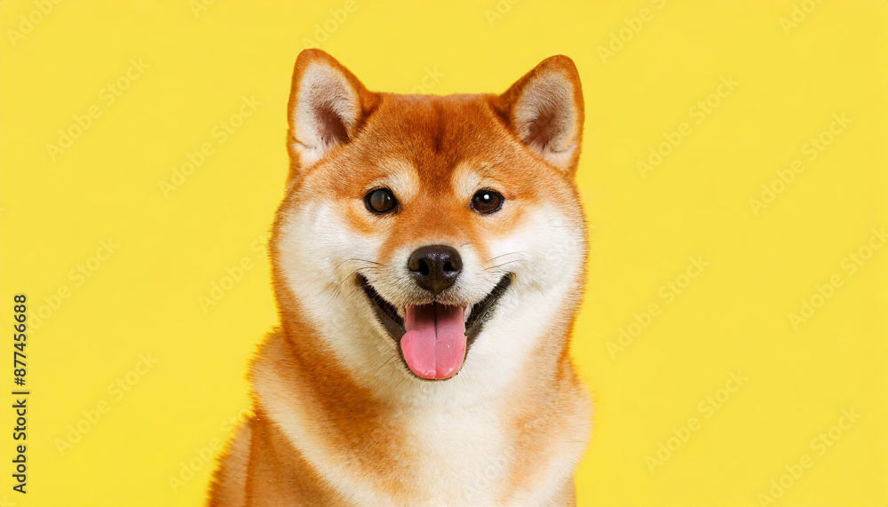 Happy smiling shiba inu dog isolated on yellow orange background with copy space. Red-haired Japanese dog smile portrait Happy smiling shiba inu dog isolated on yellow orange background with copy space. Red-haired Japanese dog smile portrait