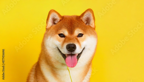 Happy smiling shiba inu dog isolated on yellow orange background with copy space. Red-haired Japanese dog smile portrait