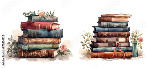 Watercolor Old Books Stack with flowers illustration  png clipart
