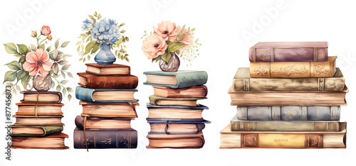 Fototapeta Naklejka Na Ścianę i Meble -  Watercolor Old Books Stack with flowers vintage illustration  png clipart