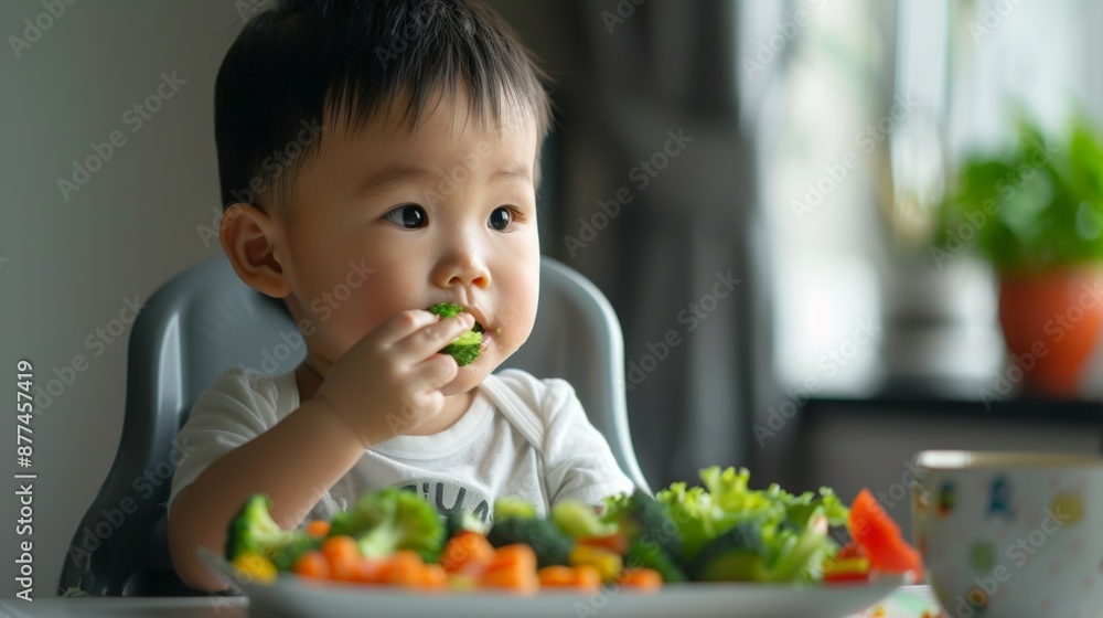 A toddler eating vegetables in a high chair A toddler eating vegetables in a high chair