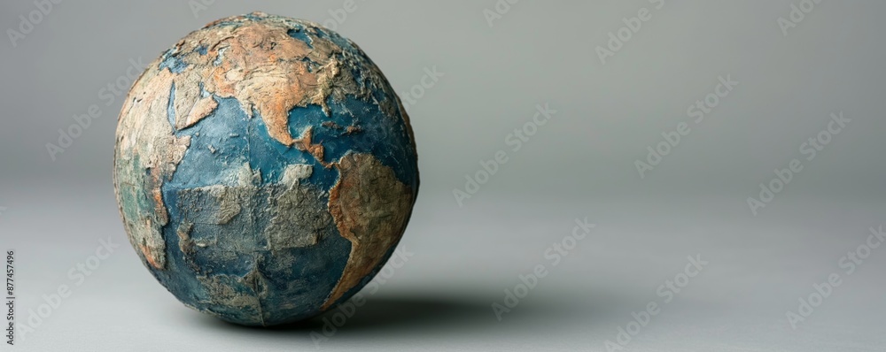 A highly weathered blue and brown globe depicting the earth stands out against a solid gray backdrop A highly weathered blue and brown globe depicting the earth stands out against a solid gray backdrop