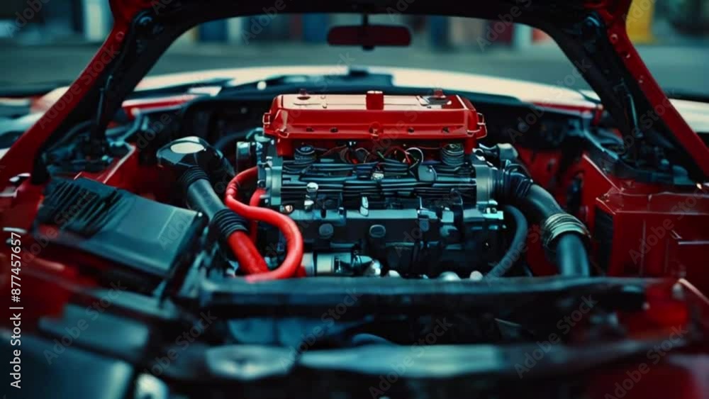The video is of a car engine. The engine is red and blue and the hood of the car is open.
