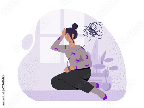Woman with bad mood. Sad girl sitting on sofa. Depression and frustration. Negative feelings and emotions. Mental and psychological problems. Cartoon vector illustration isolated on white background