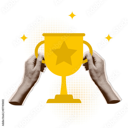 Two Hands holding gold trophy cup. Award for win. Comic illustration in halftone collage art style with dotted effect. Vector