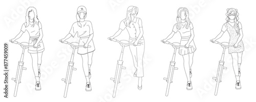 Set of beautiful girls in skirt, t-shirt, dress, shorts riding bike isolated on white background in outline style for lifestyle, posters, wallpapers, icons