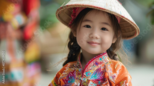 Vietnam Independence Day, portrait of a cute Vietnamese child in a national costume and an Asian nonla bamboo hat decorated with bright flowers photo