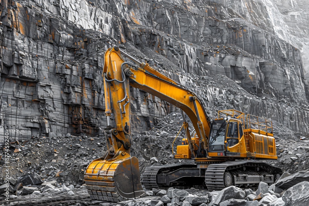 Heavy-Duty Excavator at Work in a Rocky Quarry Heavy-Duty Excavator at Work in a Rocky Quarry