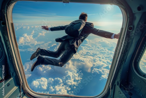 A businessman dressed for success skydives from an airplane, embodying the resilience and innovation needed to tackle and conquer the obstacles encountered in business ventures.